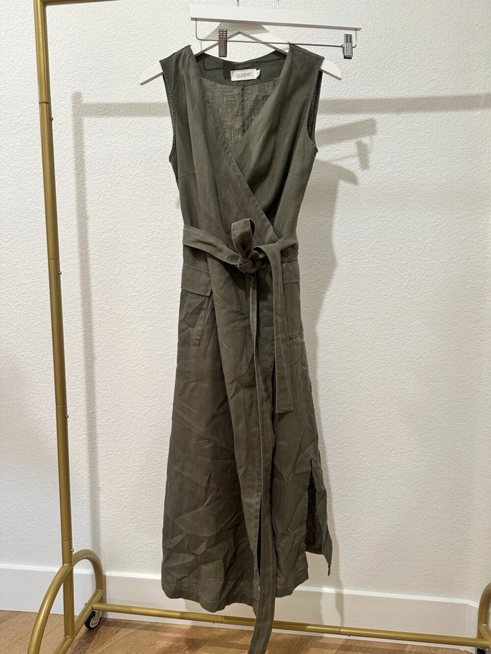Olive Green Linen Wrap Dress